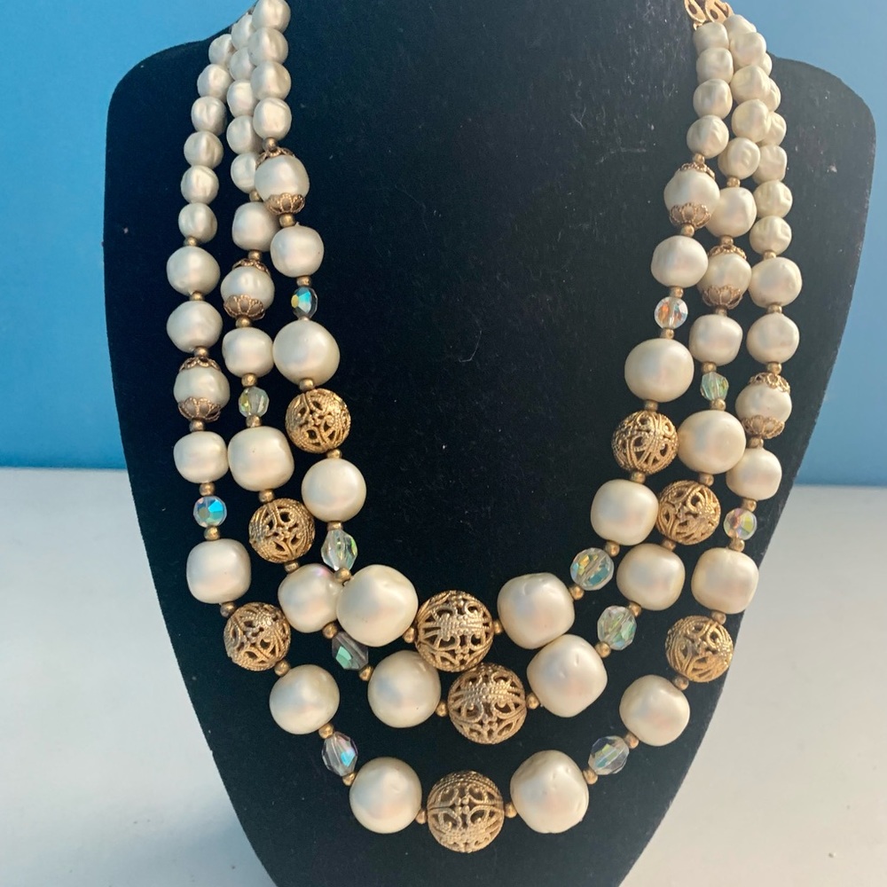 Vintage Faux Baroque Pearl Gold Filigree Beads Aurora Borealis Crystal Necklace